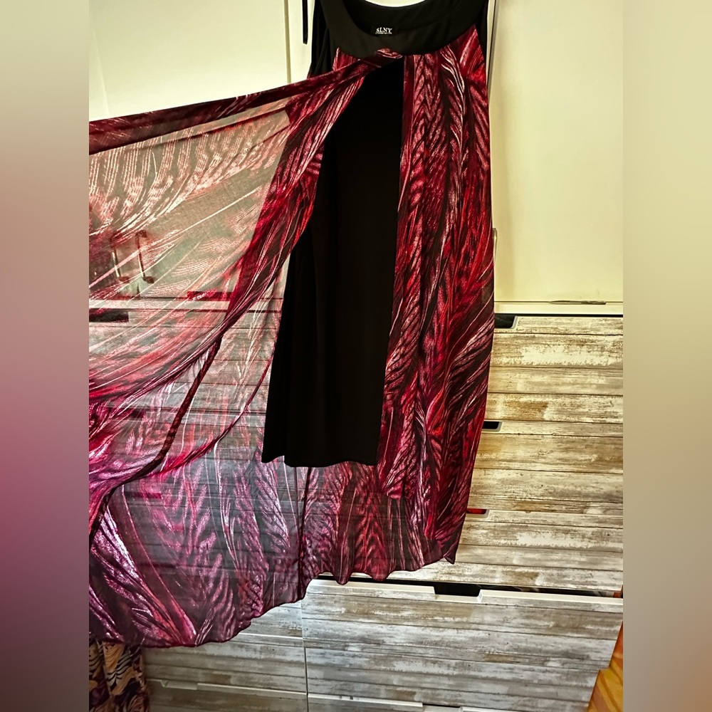 💃 SLNY Layered Maxi Dress Sheer Overlay XL Black Pink Flowy - Picture 2 of 12